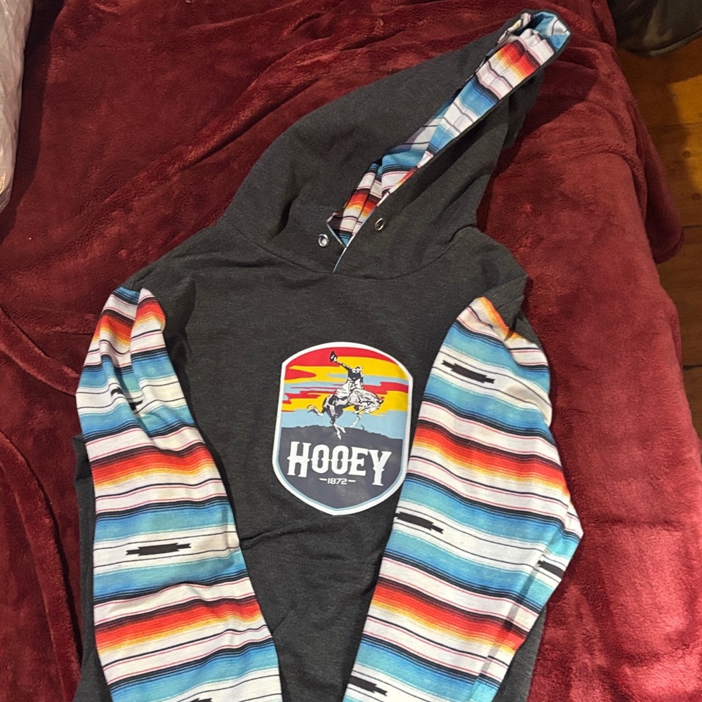 Hooey Charcoal Hoodie with Multicolor Striped Sleeves